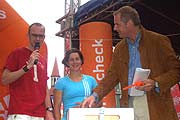Morning Man Mike Thiel, Uschi Disl und der Sport Scheck Chef verlosen eine Reise nach LA (Foto. Martin Schmitz)